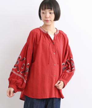 コットンクリンプブラウス(レッド-ONESIZE)