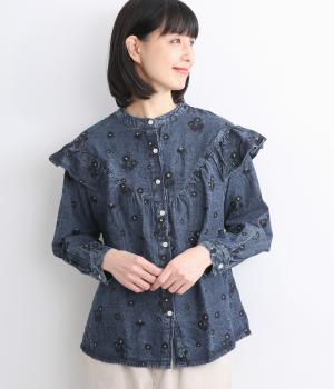 コットンデニムマーガレットブラウス(ネイビー-ONESIZE)