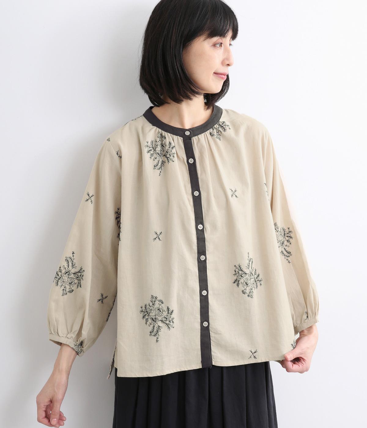 コットンリネンフラックスクラッシーブラウス(グレー-ONESIZE)