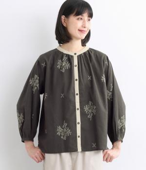 コットンリネンフラックスクラッシーブラウス(ブラック-ONESIZE)