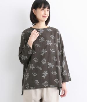 コットンリネンフラックスリーフプリントプルオーバー