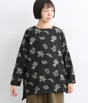 コットンリネンフラックスリーフプリントプルオーバー(ブラック-ONESIZE)