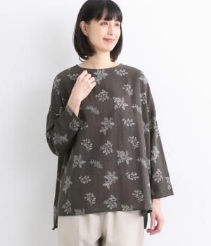 コットンリネンフラックスリーフプリントプルオーバー(チャコール-ONESIZE)