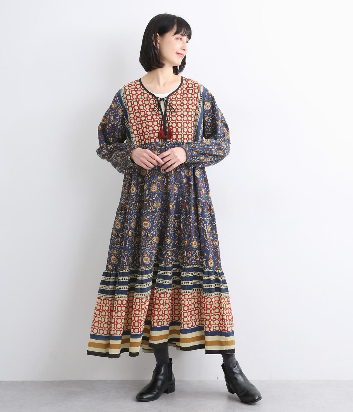 コットンキャンブリックシックブロックワンピース(ブルー-ONESIZE)