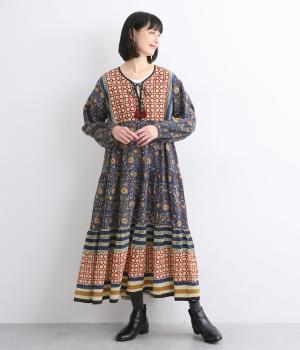 コットンキャンブリックシックブロックワンピース(ブルー-ONESIZE)