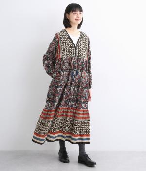 コットンキャンブリックシックブロックワンピース(ブラック-ONESIZE)