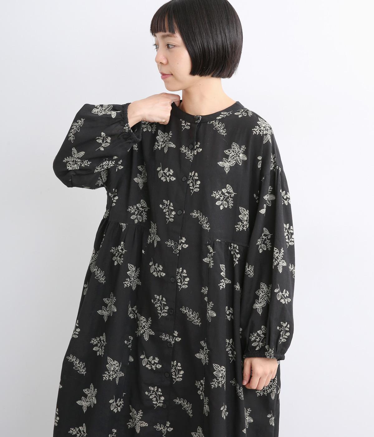 コットンリネンフラックスリーフプリントワンピース(ブラック-ONESIZE)