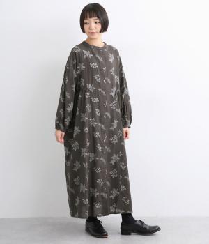 コットンリネンフラックスリーフプリントワンピース(チャコール-ONESIZE)