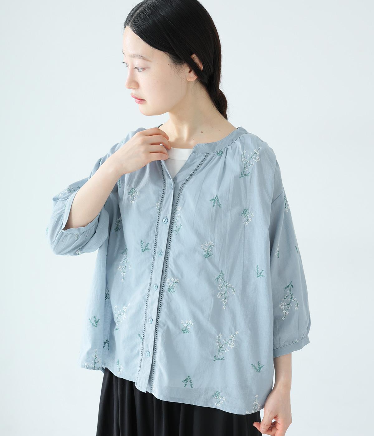 コットンスラブハーブブラウス(サックスブルー-F)