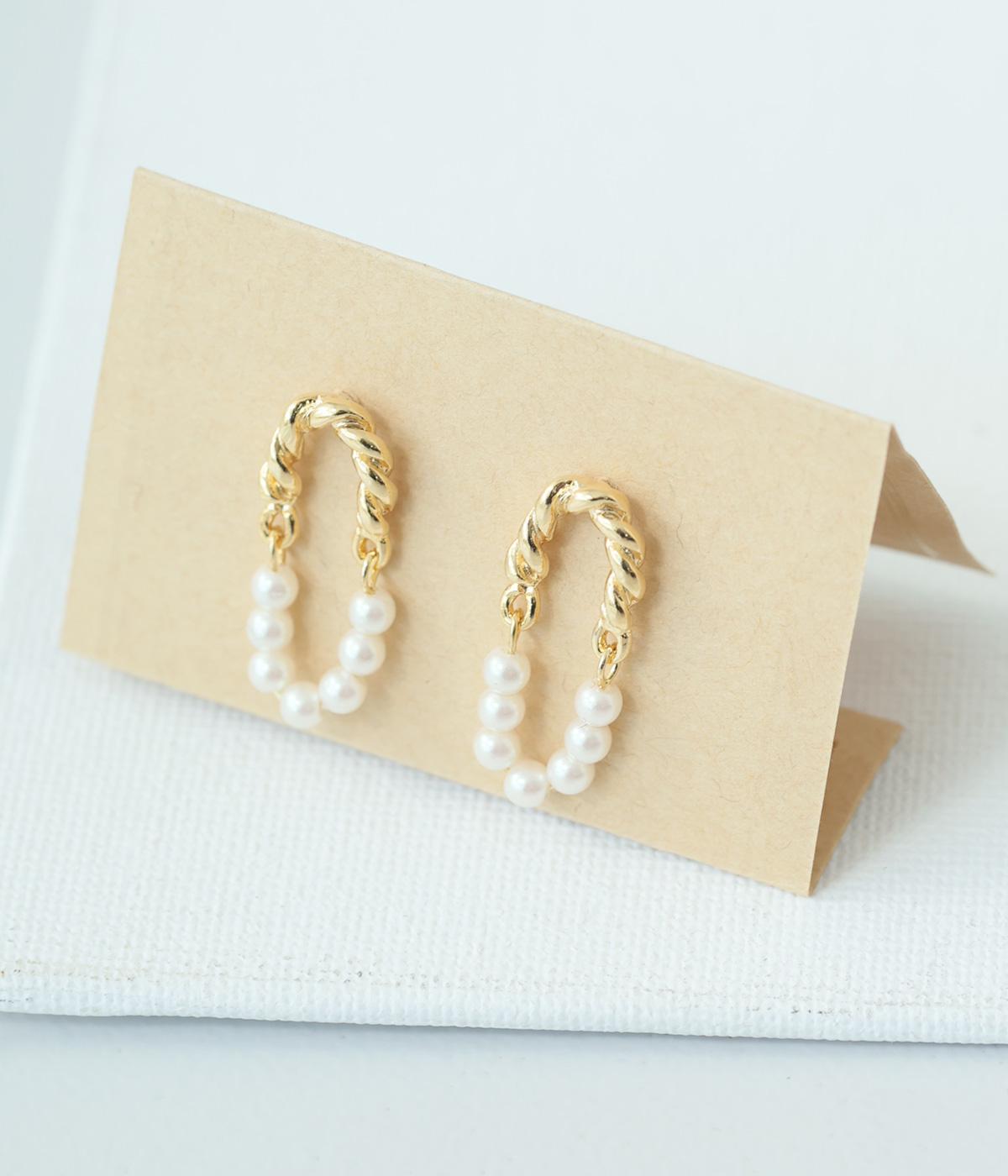 チェーンハーフパール　オーバル　ピアス(ゴールド-F)