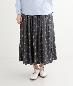 リネンレーヨンドット柄タックスカート(ネイビー-ONESIZE)