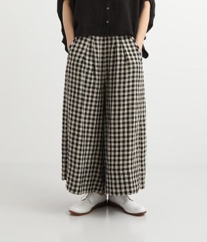 リネン先染めタックワイドパンツ(ブラックチェック-ONESIZE)