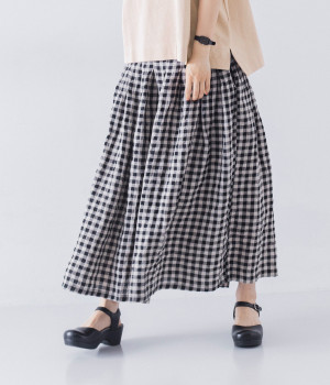 リネンタックスカート(ブラック格子-ONESIZE)