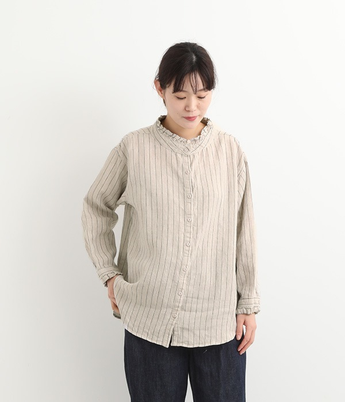 襟カフスフリル　前開き猫目ボタンブラウス(アイボリー-ONESIZE)