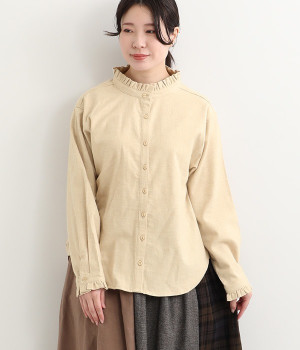 シャンブレー起毛　カフス・襟フリルブラウス(ベージュ-ONESIZE)