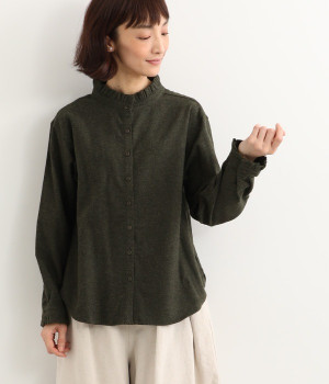 シャンブレー起毛　カフス・襟フリルブラウス(チャコール-ONESIZE)