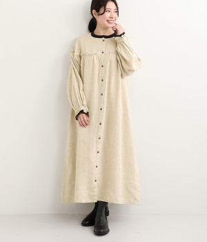 平織リネン　バイカラー胸元ギャザーフリルワンピース(キナリ-ONESIZE)