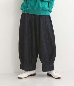 裾ピンタックギャザー加工　ピエロパンツ(インディゴデニム-ONESIZE)