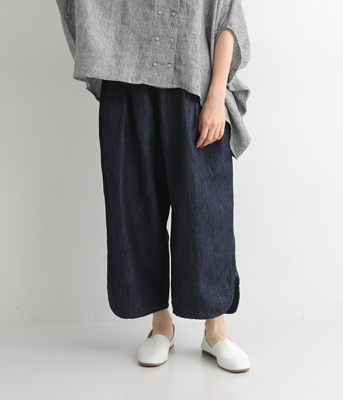 裾変形ラウンド型　ボールパンツ(インディゴデニム-ONESIZE)