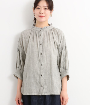 襟レース袖ゴムシャーリング貝釦7分袖ブラウス