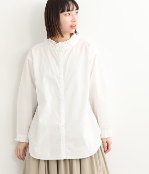 襟カウスフリル長袖ブラウス(オフホワイト-ONESIZE)