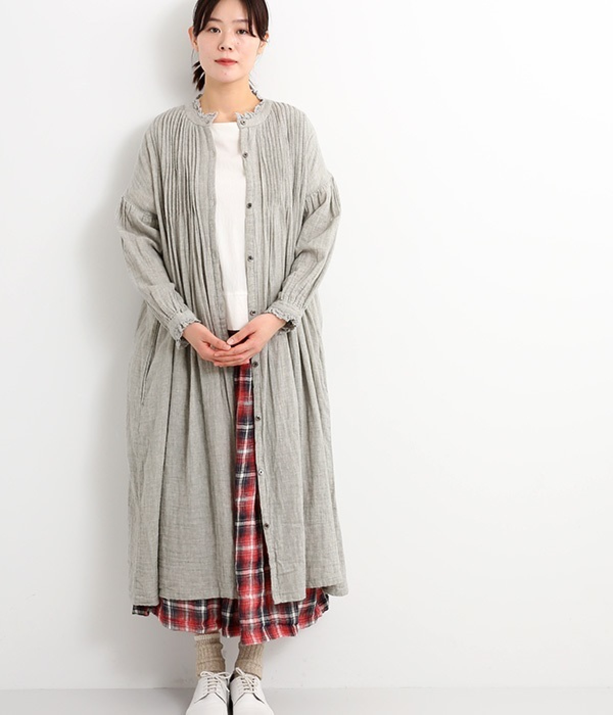 襟レースフリル胸元ピンタックパフ袖貝釦ワンピース(杢グレー-ONESIZE)