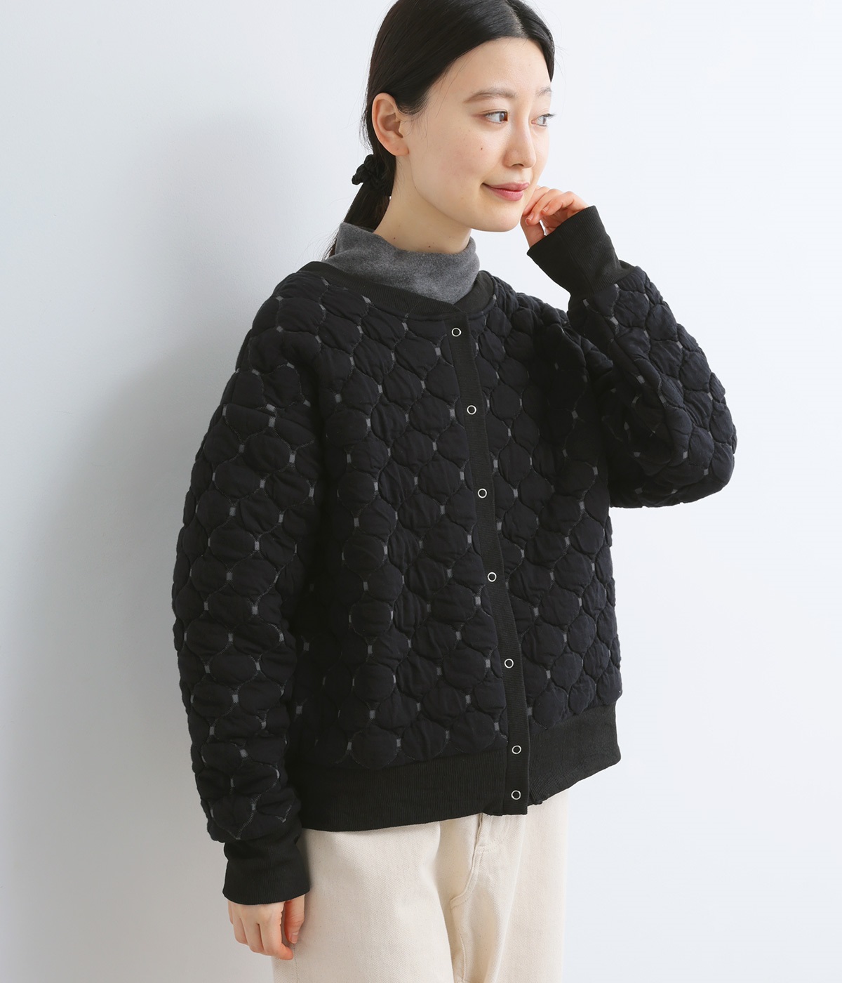 ブリスタージャカード襟・カフス・裾リブ付きリングドット　ブルゾン(ブラックジャカード-ONESIZE)