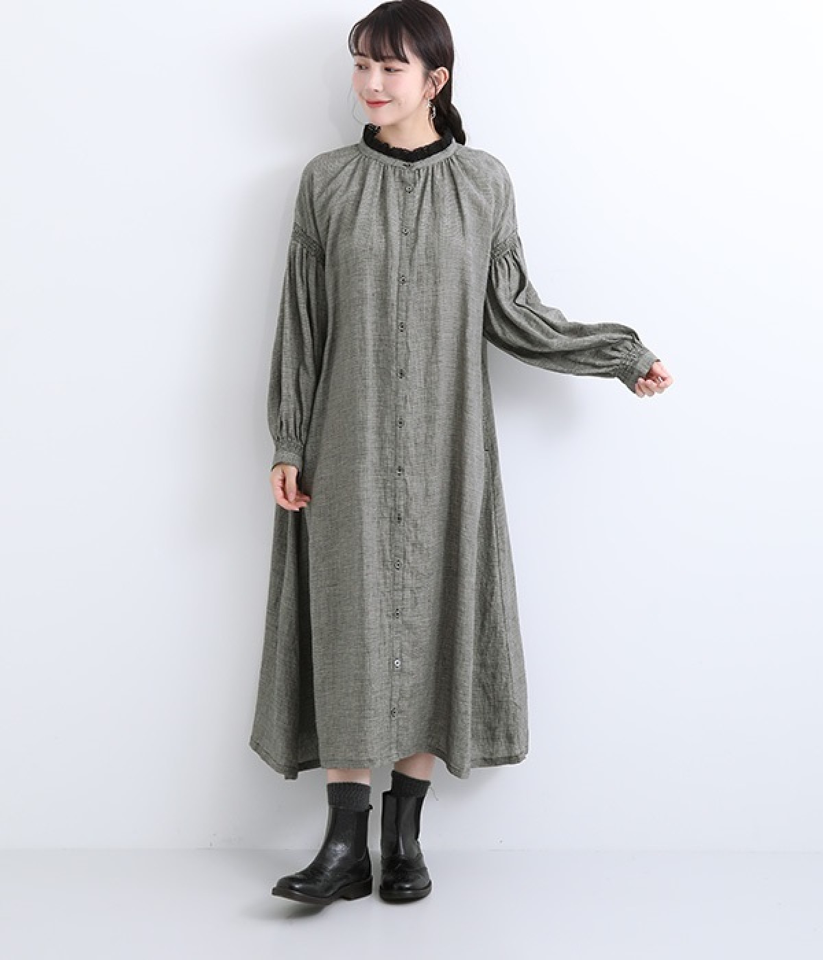 リネン先染めチェック　袖シャーリング貝ボタンワンピース(チドリ-ONESIZE)