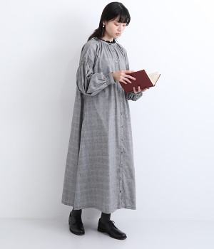 リネン先染めチェック　袖シャーリング貝ボタンワンピース(グレンチェック-ONESIZE)