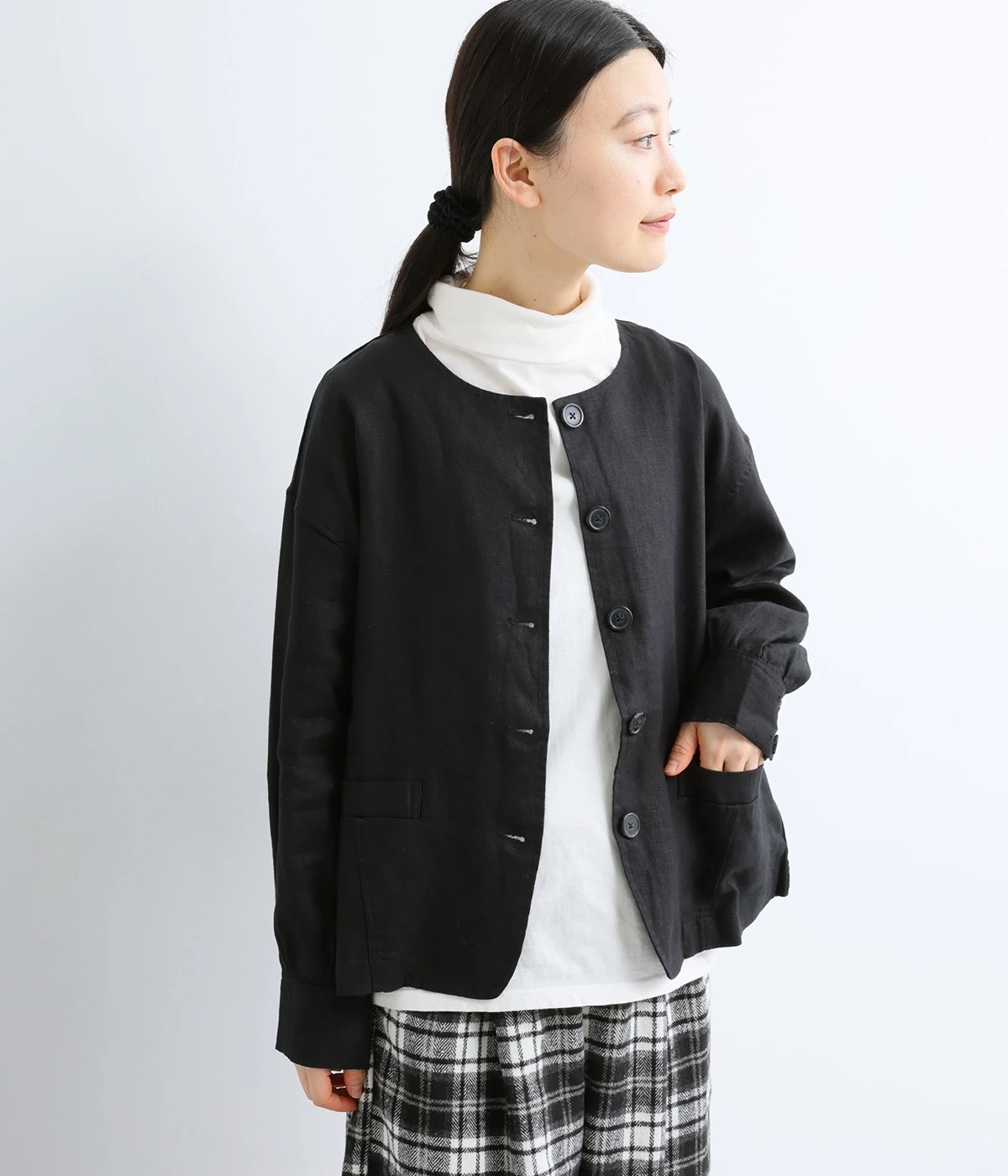 クルーネックスコッチ釦ブルゾン(ブラック-ONESIZE)