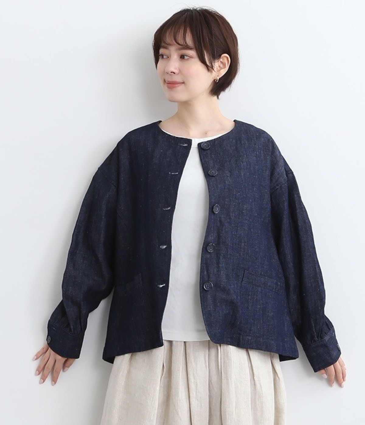 クルーネック4つ穴スコッチ釦ブルゾン(インディゴデニム-ONESIZE)