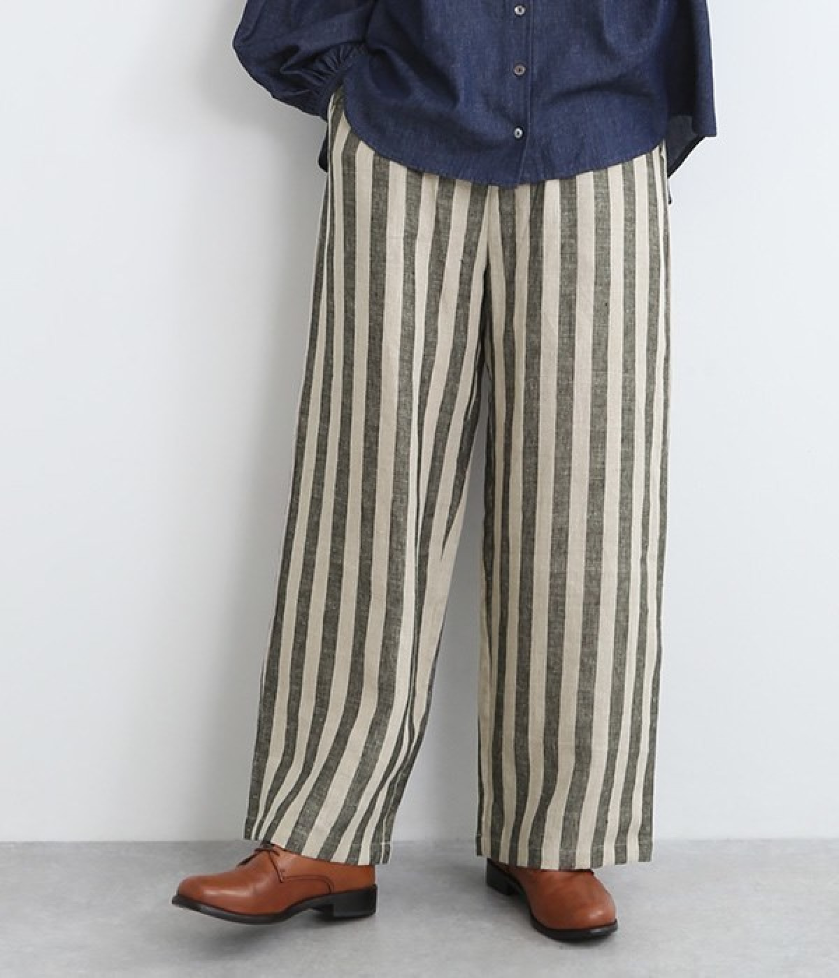 ウエストゴムワイドシルエットパンツ(ブラックストライプ-ONESIZE)