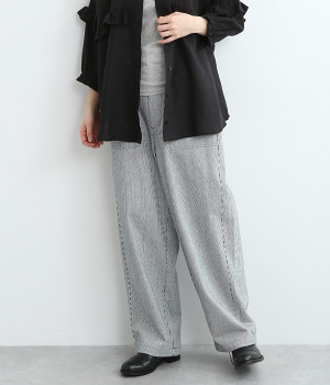 ヒッコリーストライプ　ワイドシルエットパンツ(オフホワイト×ネイビー細-ONESIZE)