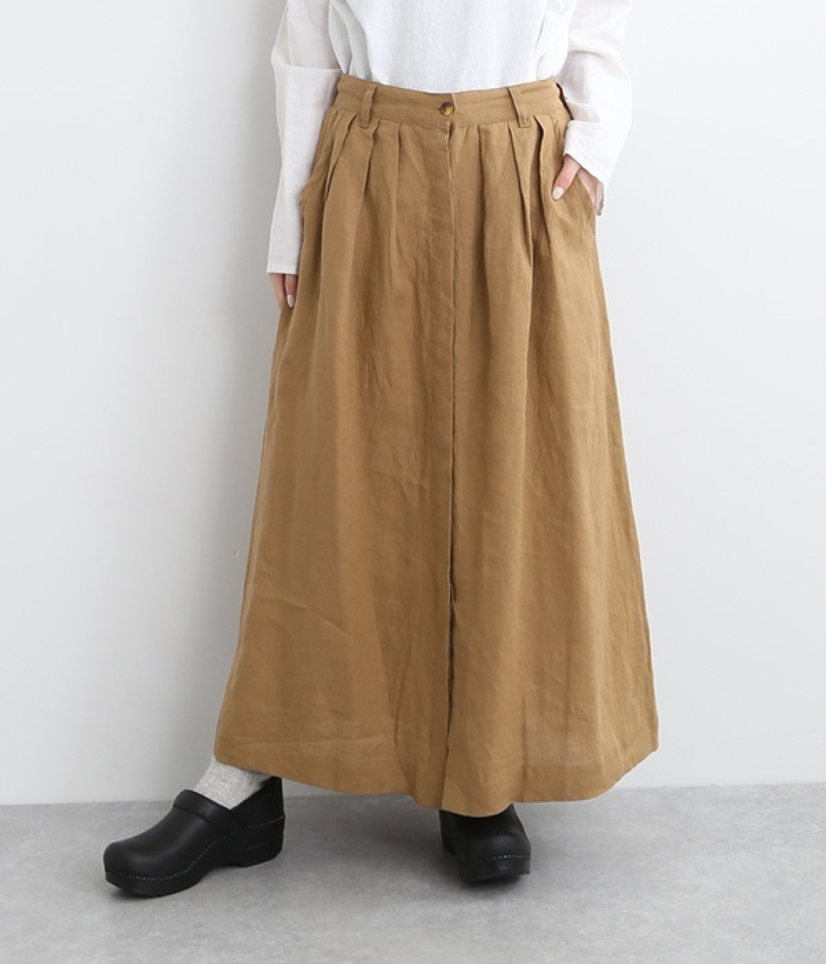 スコッチ釦開きウエストタックギャザースカート(ベージュ-ONESIZE)