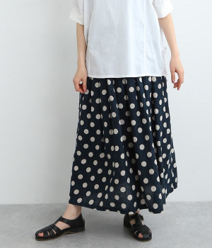 リネンドットプリント　タックギャザースカート(ネイビーベース×キナリドット-ONESIZE)