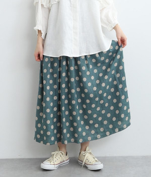 リネンドットプリント　タックギャザースカート(ブルーベース×キナリドット-ONESIZE)
