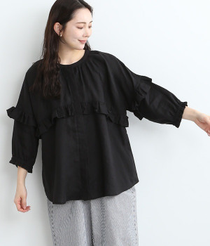 リネン　ピンタックフリル仕立て比翼ブラウス(ブラック-ONESIZE)