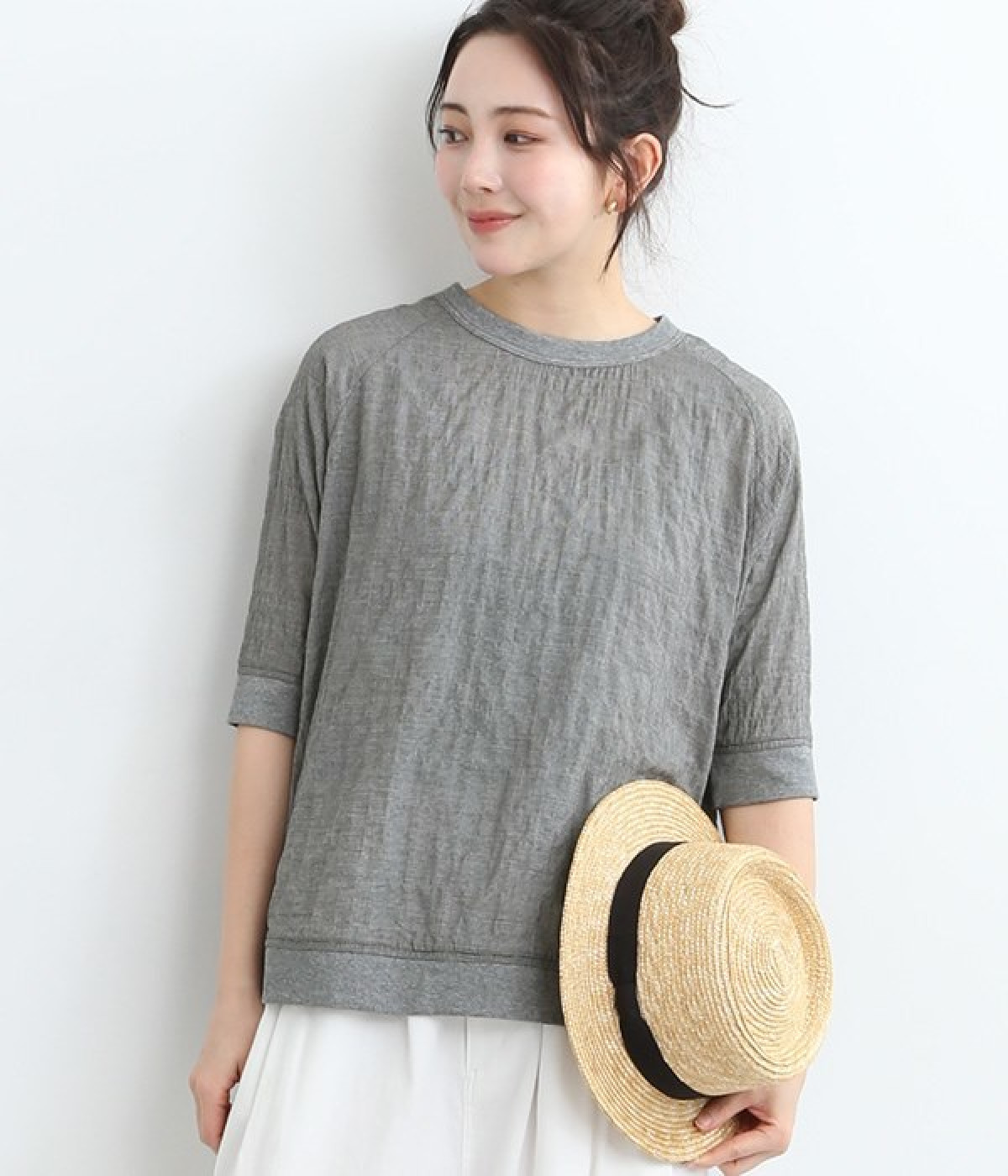 リブ使いラグラン5分袖ブラウス(ブラック千鳥柄-ONESIZE)