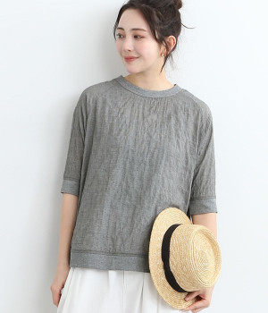 リブ使いラグラン5分袖ブラウス(ブラック千鳥柄-ONESIZE)