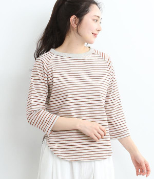 コットン　ディアマリアボーダー　ラグラン7分袖カットソー(グレーベース×レッド-ONESIZE)