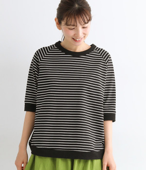 コットン　杢ディアマリアボーダー　リブ使いラグラン5分袖カットソー