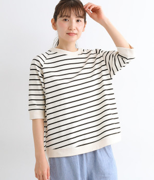 コットン　杢ディアマリアボーダー　リブ使いラグラン5分袖カットソー(ナチュラルベース×ブラック-ONESIZE)