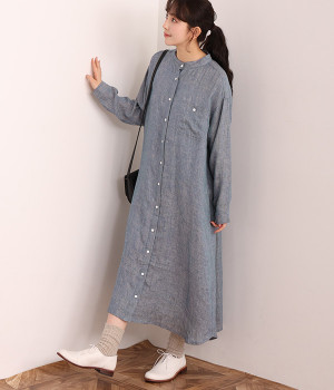 ストライプ　バンドカラー長袖シャツワンピース(サックスストライプ-ONESIZE)