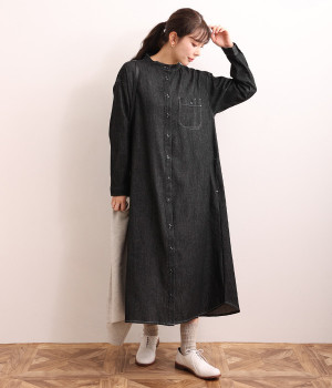 デニム　バンドカラー長袖シャツワンピース(ブラックデニム-ONESIZE)