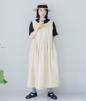 リネン　胸元ピンタックV襟　2WAYノースリーブワンピース(キナリ-ONESIZE)