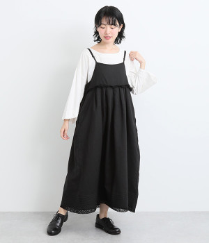 リネン　裾ボーダーピンタック レースフリルギャザー2WAYキャミワンピース