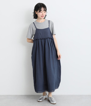 リネン　裾ボーダーピンタック レースフリルギャザー2WAYキャミワンピース(ネイビー-ONESIZE)