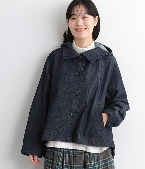 リネンコットンインディゴデニムツイル フード付きスコッチ釦釦ジャケット(インディゴデニム-ONESIZE)