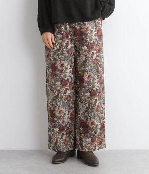 ゴブラン柄 ウエストゴムワイドシルエットパンツ(ベージュ-ONESIZE)