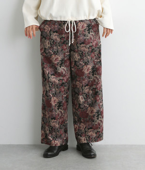 ゴブラン柄 ウエストゴムワイドシルエットパンツ(ブラック-ONESIZE)